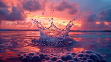 A vibrant sunset reflecting on water with a splash creating ripples and bubbles. photo