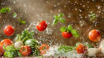 Fresh vegetables and herbs splashing in water, showcasing vibrant colors and textures. photo