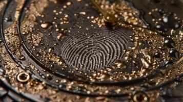 A close-up of a watch face with a fingerprint pattern and droplets of water. photo