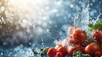Fresh tomatoes splashing in water with a blurred background of light reflections. photo