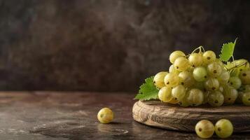 A cluster of green grapes on a wooden board with a rustic background. photo