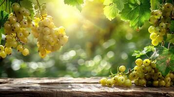 A serene scene featuring green grapes on a wooden surface with a blurred, sunlit background. photo