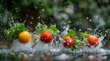 Fresh vegetables splashing in water, showcasing freshness and vitality. photo