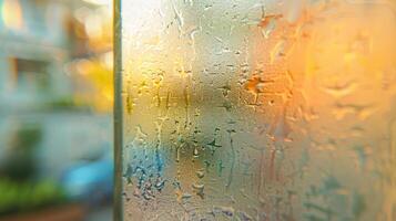 A close-up of a frosted glass pane with water droplets, capturing a warm, colorful background. photo