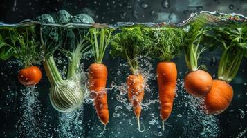 Fresh vegetables submerged in water, showcasing vibrant colors and textures. photo