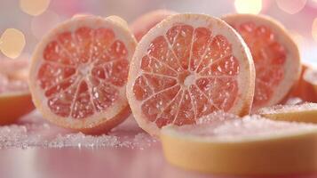 Close-up of sliced pink citrus fruit with sugar, creating a vibrant and refreshing aesthetic. photo