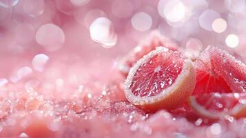 A close-up of sugared grapefruit slices on a pink, bokeh background. photo