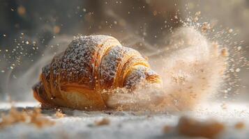 A croissant covered in powdered sugar, surrounded by a cloud of flour, creating a dynamic effect. photo