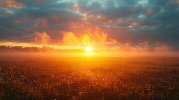 A stunning sunrise over a misty field, with vibrant colors illuminating the landscape. photo