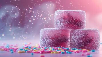 Colorful gelatin cubes with sugar and sprinkles create a whimsical dessert scene. photo