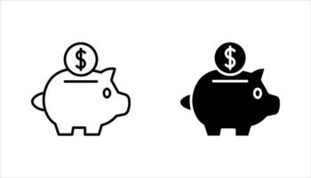 Piggy bank icon set, Piggy bank with a coin being inserted, Editable stroke width, on a white background. vector
