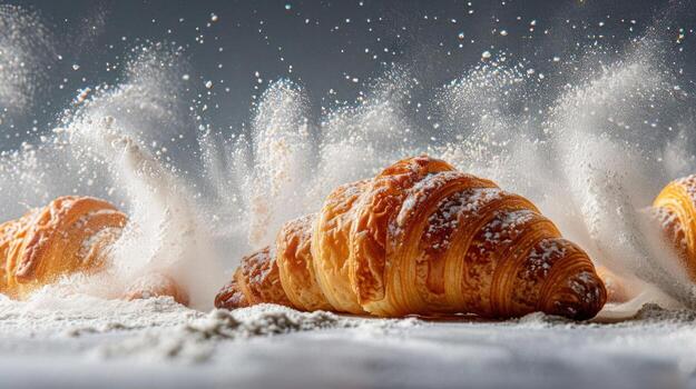 A close-up of croissants with flour dust creating an artistic, dynamic effect. photo