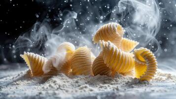 A pile of spiral pasta resting in flour, with steam and droplets creating a dynamic effect. photo