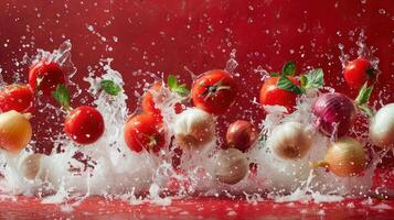 Fresh tomatoes and onions splash in water against a vibrant red background. photo