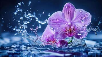 un vibrante rosado orquídea salpicaduras en agua, creando un dinámica y cautivador visual efecto. foto