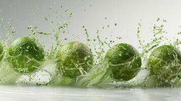 Fresh limes splashing in water, showcasing vibrant colors and dynamic movement. photo