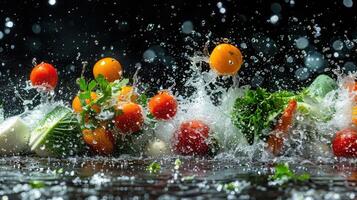 Colorful vegetables splashing into water, showcasing freshness and vitality. photo