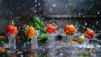 Fresh tomatoes splashing into water, showcasing vibrant colors and dynamic movement. photo