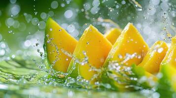 Fresh mango slices splashing in water, creating a vibrant and refreshing scene. photo
