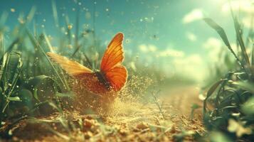 A vibrant butterfly flutters above a sunlit, dusty path surrounded by lush grass. photo