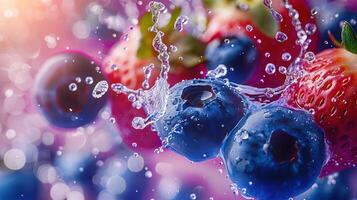 A vibrant splash of blueberries and strawberries with water droplets, showcasing freshness. photo