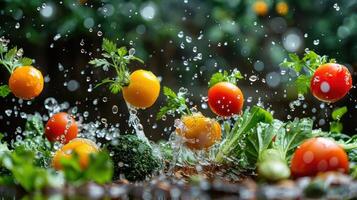 Fresh vegetables and fruits splashing in water, highlighting freshness and vitality. photo