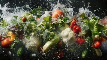 A dynamic splash of fresh vegetables and herbs in water, showcasing vibrant colors and textures. photo