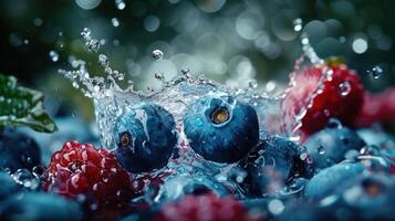 Fresh blueberries and raspberries splashing in water, creating a vibrant, refreshing scene. photo