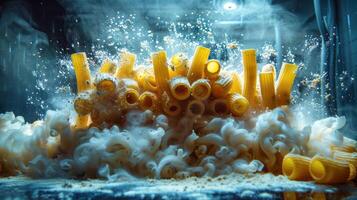 Exploding pasta in a dramatic, high-speed capture with steam and motion effects. photo