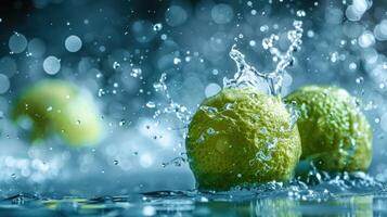Fresh limes splashing in water, creating a dynamic and refreshing visual effect. photo
