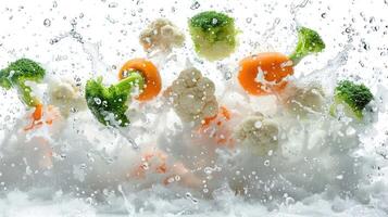 Fresh vegetables splashing in water, showcasing vibrancy and freshness. photo