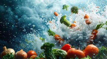 A dynamic splash of fresh vegetables amidst a stormy backdrop, emphasizing freshness and vitality. photo