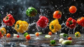 Vibrant vegetables splashing in water, showcasing freshness and culinary inspiration. photo