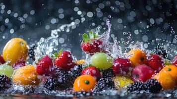 A vibrant splash of assorted fruits creating a refreshing and dynamic visual effect. photo