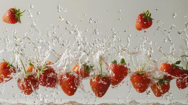 fresas salpicaduras en agua, creando dinámica visual efectos foto