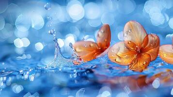 un sereno imagen de naranja flores con agua gotas, salpicaduras en un azul antecedentes. foto