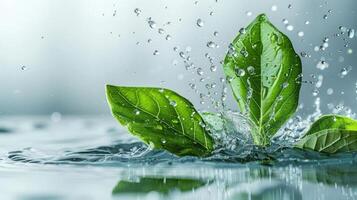 Fresh green leaves splashing in water, symbolizing nature and vitality. photo