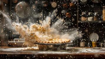 A pie explodes in a kitchen, creating a cloud of flour and debris. photo