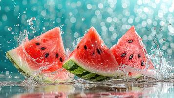 Slices of watermelon splashing in water, creating a refreshing and vibrant scene. photo