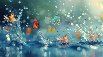 Colorful butterflies splashing in water, creating a magical and serene atmosphere. photo