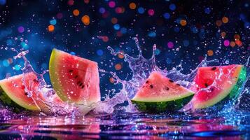 Watermelon slices splashing in water with colorful bokeh background. photo