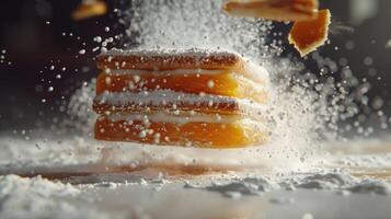 A stack of layered pastries dusted with powdered sugar, captured mid-air for a dramatic effect. photo