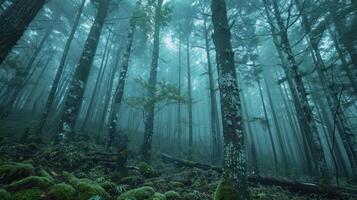 A misty forest with tall trees and lush greenery, evoking a serene, tranquil atmosphere. photo