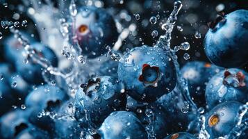 Close-up of blueberries splashing in water, showcasing freshness and vitality. photo