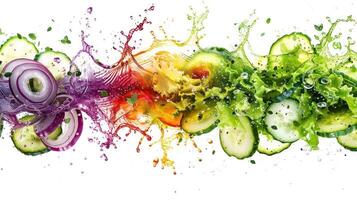 A vibrant splash of fresh vegetables with cucumbers and onions, symbolizing health and vitality. photo