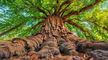 A majestic tree viewed from below, showcasing its textured trunk and vibrant green canopy. photo