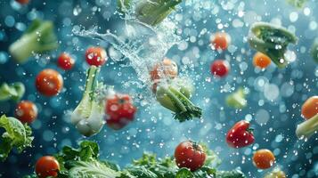 Fresh vegetables splash into water, showcasing vibrant colors and dynamic movement. photo