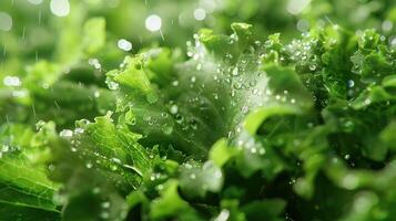 Fresh green lettuce leaves glistening with water droplets in a vibrant, natural setting. photo