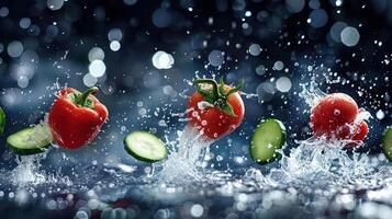 Fresh vegetables splashing in water with a bokeh background. photo