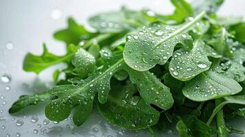 Fresh arugula leaves with droplets of water, showcasing their freshness and vitality. photo